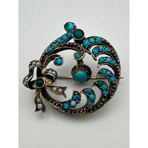 Antique Victorian 9kt gold genuine turquoise cabochons seed pearls bow brooch